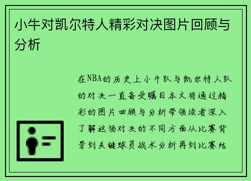 小牛对凯尔特人精彩对决图片回顾与分析